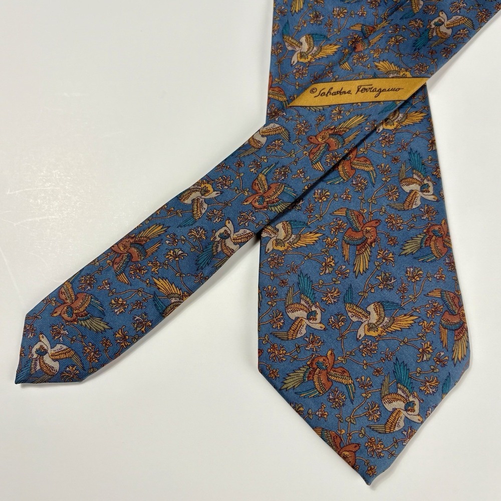 Vintage Salvatore Ferragamo 100% Silk Birds Floral Blue Colorful Made in Italy